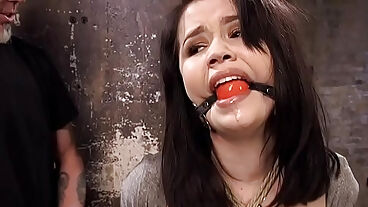 Hogtied Asian in suspension toyed